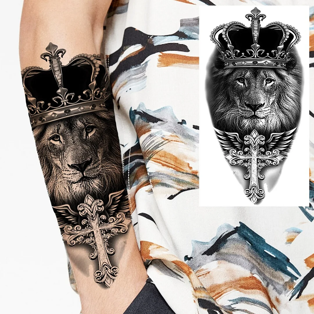 Sdrawing Praying Cross Temporary Tattoos For Men Adults Realistic Wolf Tiger Compass Skull Fake Tattoo Sticker Forearm Tatoos Arm