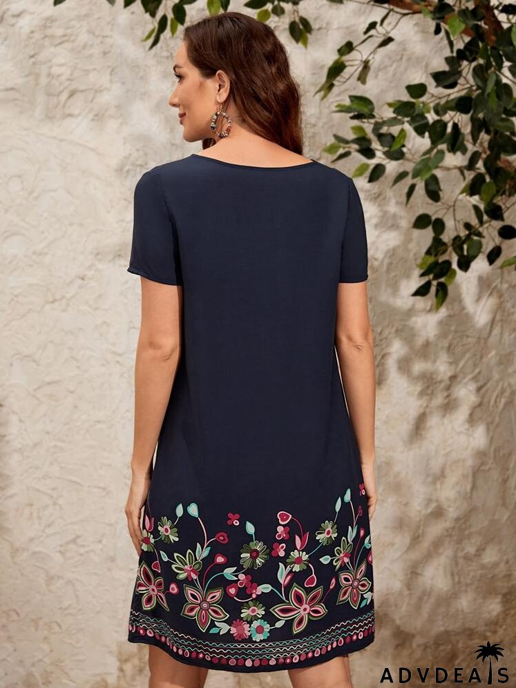 Floral Print Notched Neckline Dress