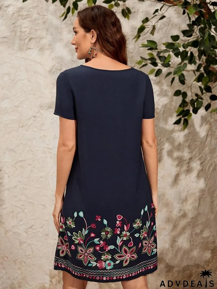 Floral Print Notched Neckline Dress