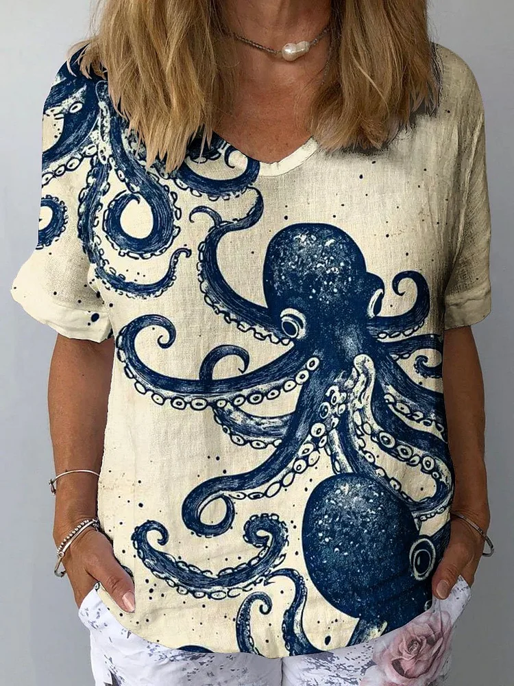 Women's Vintage Ocean Octopus Art Print Casual Cotton And Linen Shirt