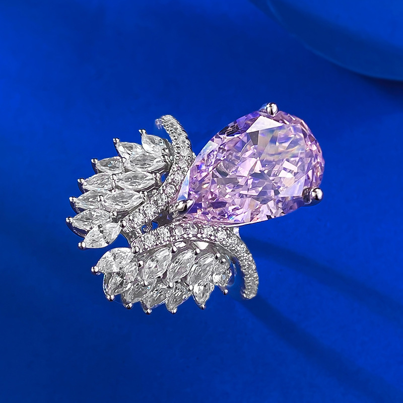 MIKAMU Jewelry 10*15 Pink Diamond Ring Luxuriously Set with Pear-shaped Diamonds
