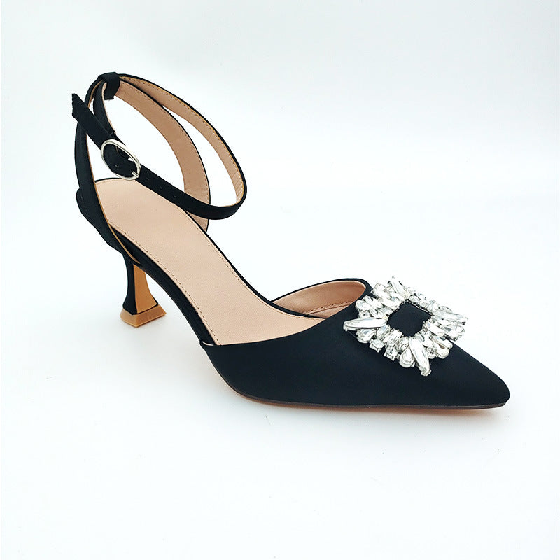 Crystals rhinestone ankle strap pumps kitten heels cut-out closed toe sandals wedding shoes