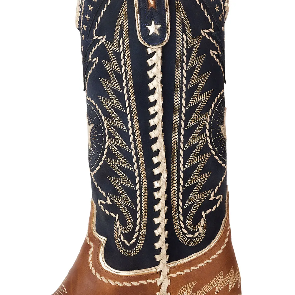 Brown & Navy Stars Chunky Heel Embroidered Western Boots for Women
