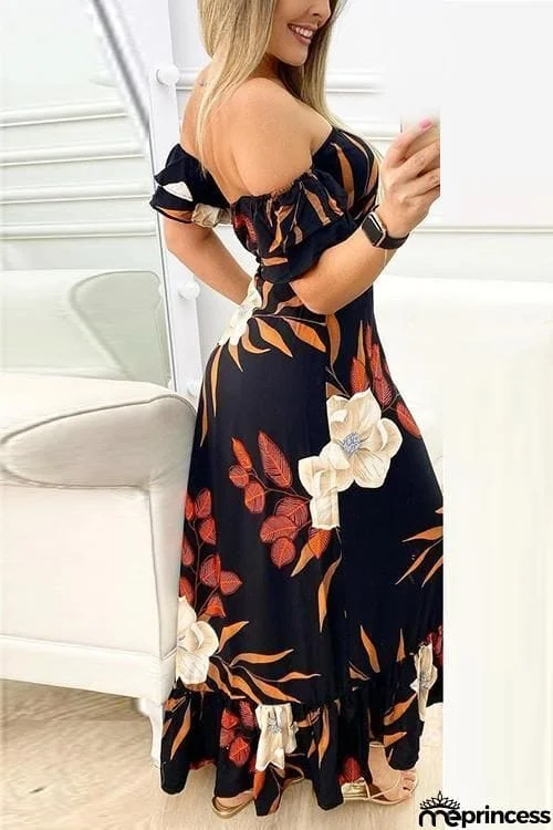 Off Shoulder Ruffles Hem Maxi Dress