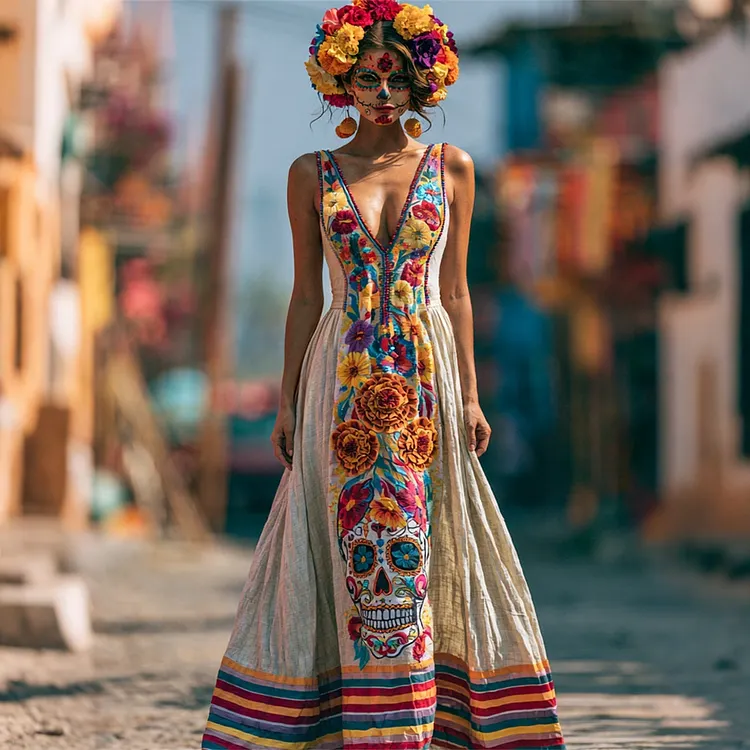 Women's Retro Floral Skull Holiday Cotton Linen V-neck Dress