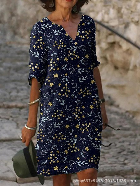 Women Half Sleeve V-neck Solid Color Dress