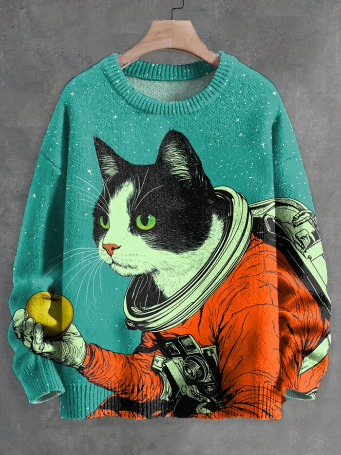 Men's A Cat Wearing A Spacesuit And Holding An Apple Print Knit Sweatshirt