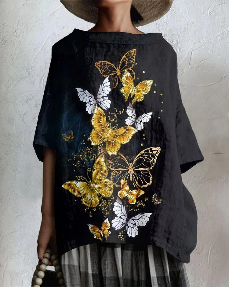 Colorful Flying Butterflies Cotton And Linen Tunic Shirt
