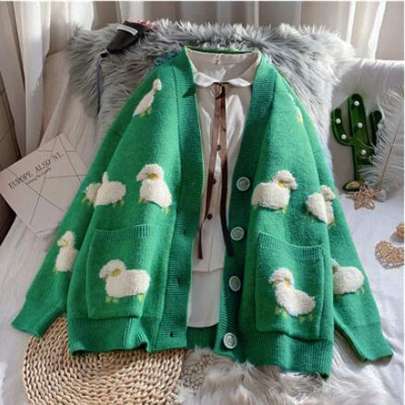 Autumn Women Clothing Knitted Sweater Sheep Cardigan Oversized Jacket Cardigan Cute Tops Korean Fashion Crochet Top Plus Size