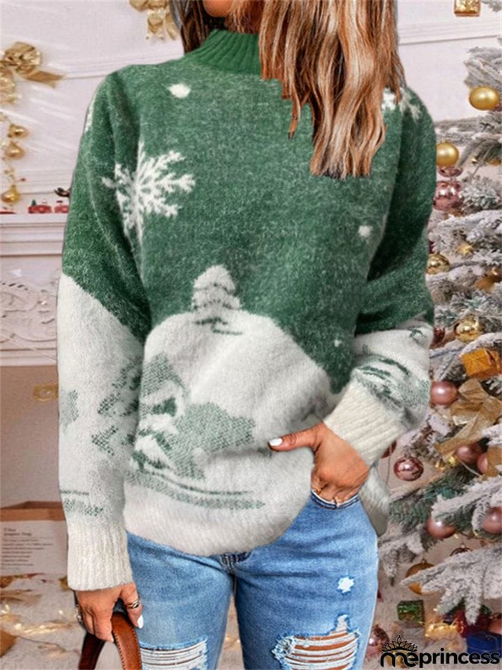 Snowflake Print Long Sleeve Women Pullover Knitted Sweater for Christmas Party