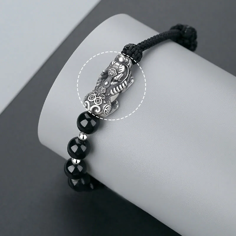 999 Sterling Silver FengShui PiXiu Natural Black Obsidian 925 Sterling Silver Bead Strength Bracelet
