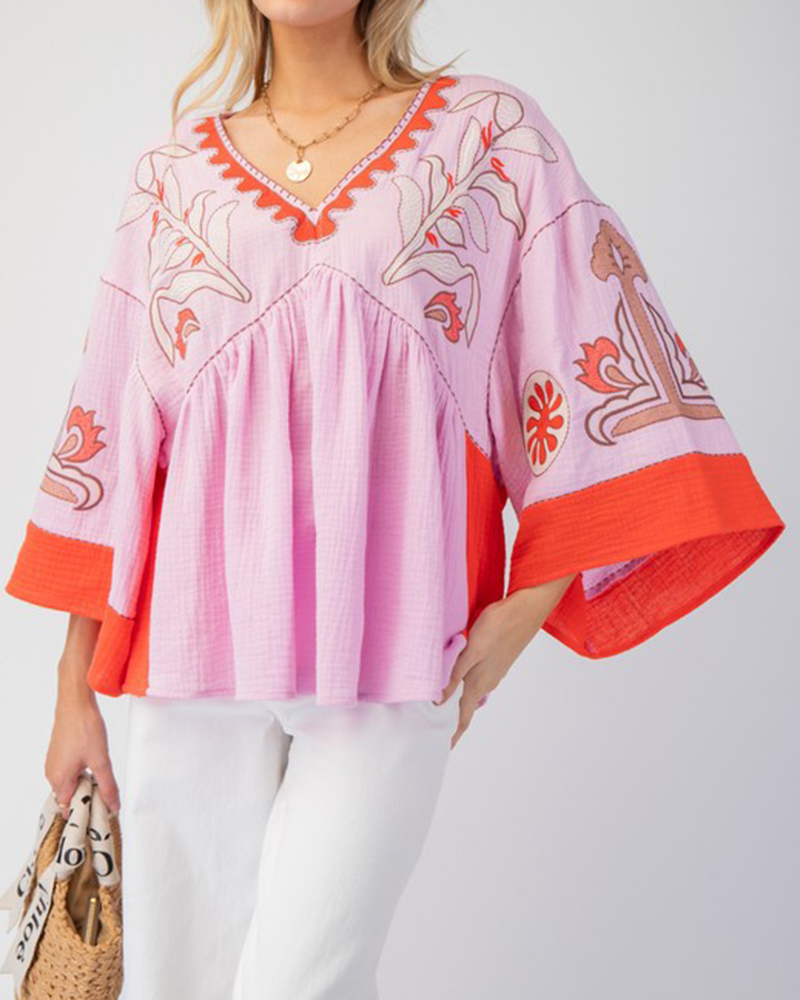Intricate Print Three Quarter Sleeve V Neck Loose Blouses