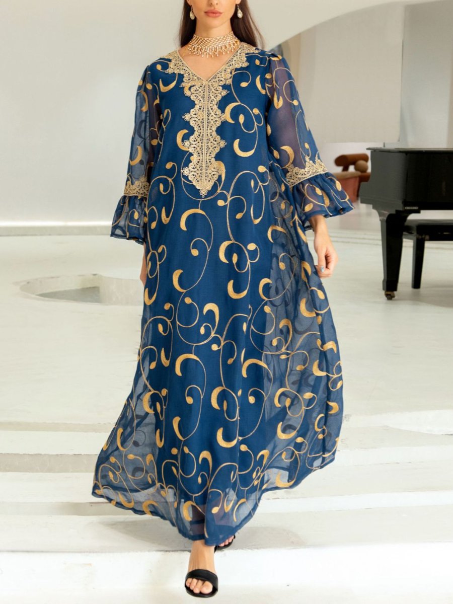 Golden Embroidery Mesh V Neck Horn Sleeve Dress | Oxredo Shop Ramadan Sale