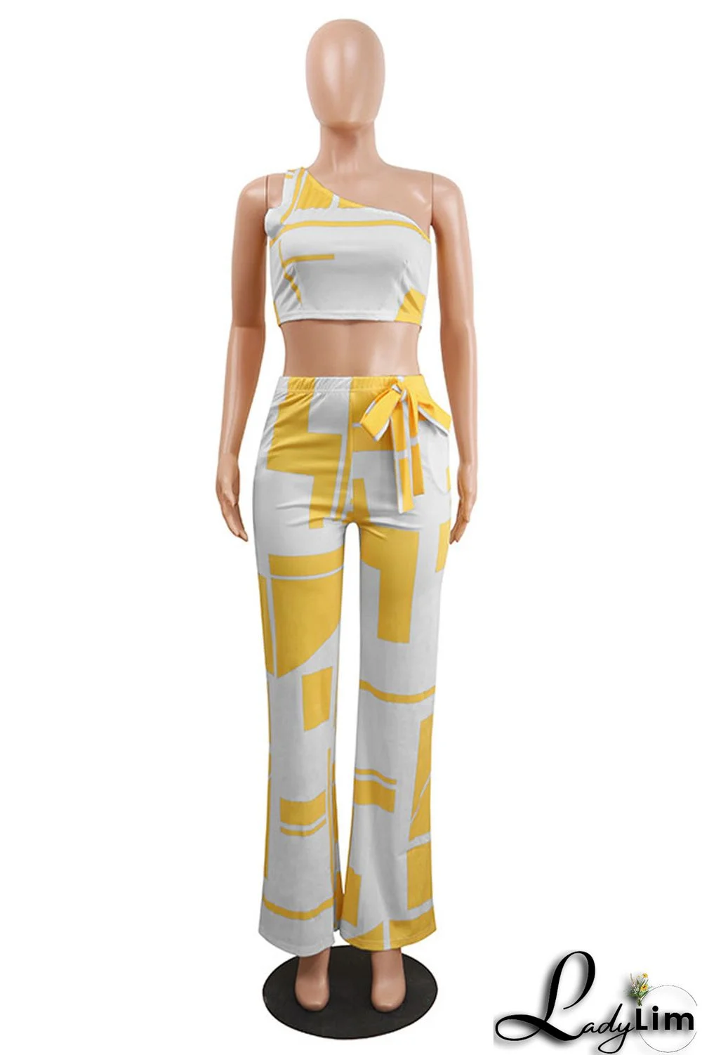 Black Sexy Casual Print Vests Pants One Shoulder Sleeveless Two Pieces