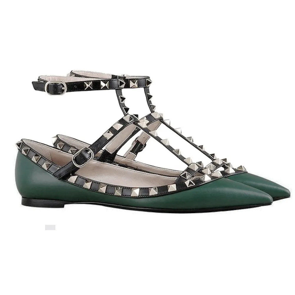 Women's Flats Rivets Rockstud Daily Pointed Toe Ballet Green Shoes Matte-vocosishoes