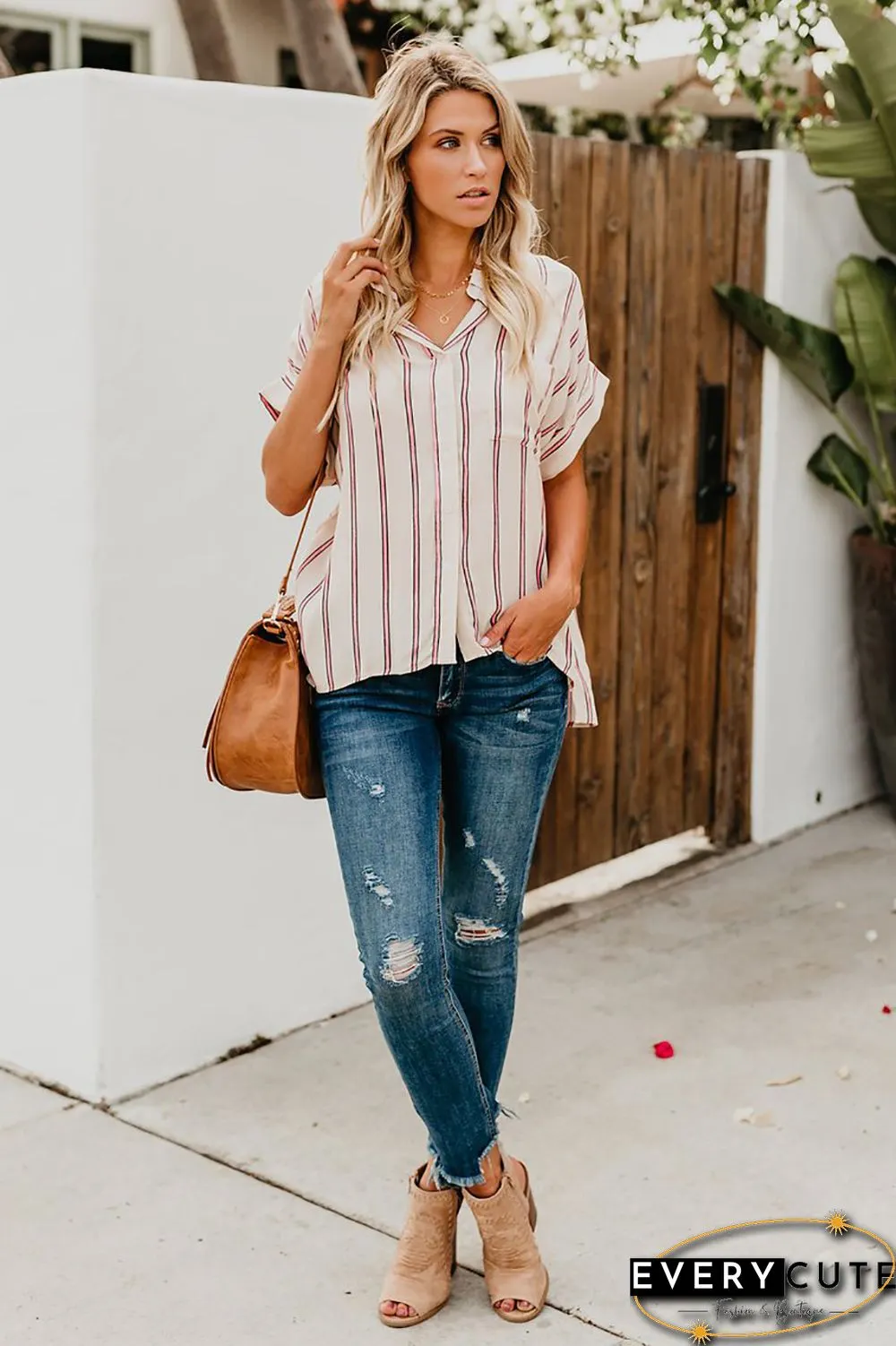 Pink Striped Short Sleeve Buttoned Pocket Shirt