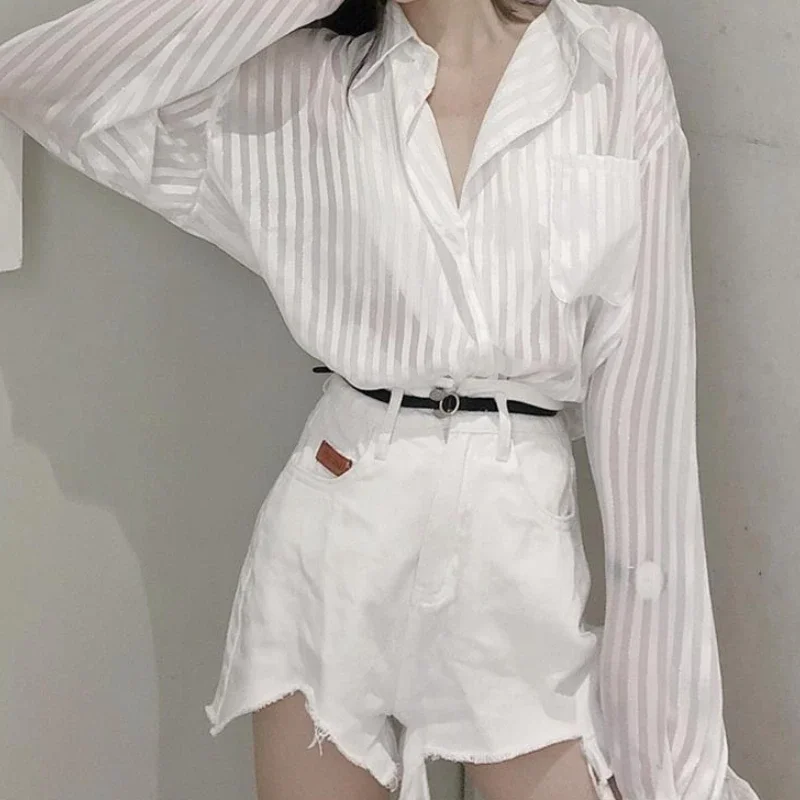 Jangj Bright Silk White Shirt for Female Spring Summer High Street Blouse Korean Style Causal Long Shirt Women's Thin Sun Shirt