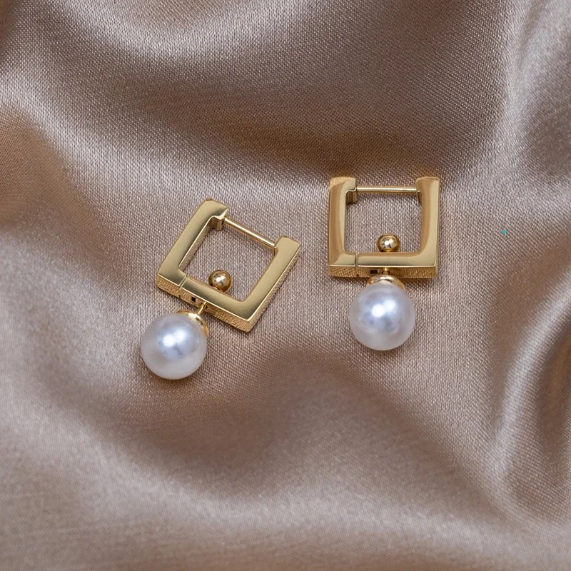 Square Hoop Pearl Drop Earrings