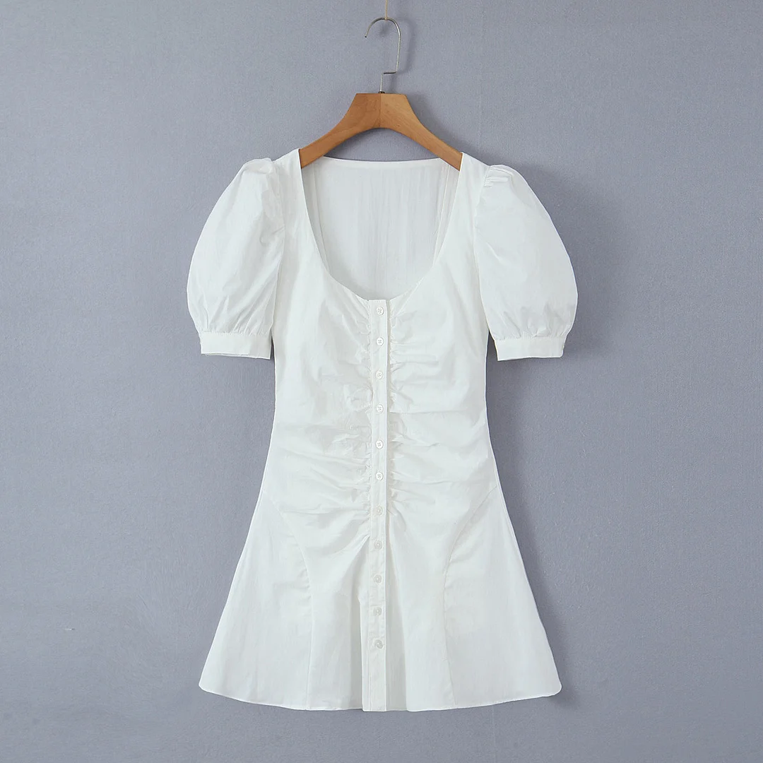 Nncharge Sexy White Square Collar Low Chest Corset Style Mini Dress Short Puff Sleeve Women Ruched Pleated Front Center Buttons Robe