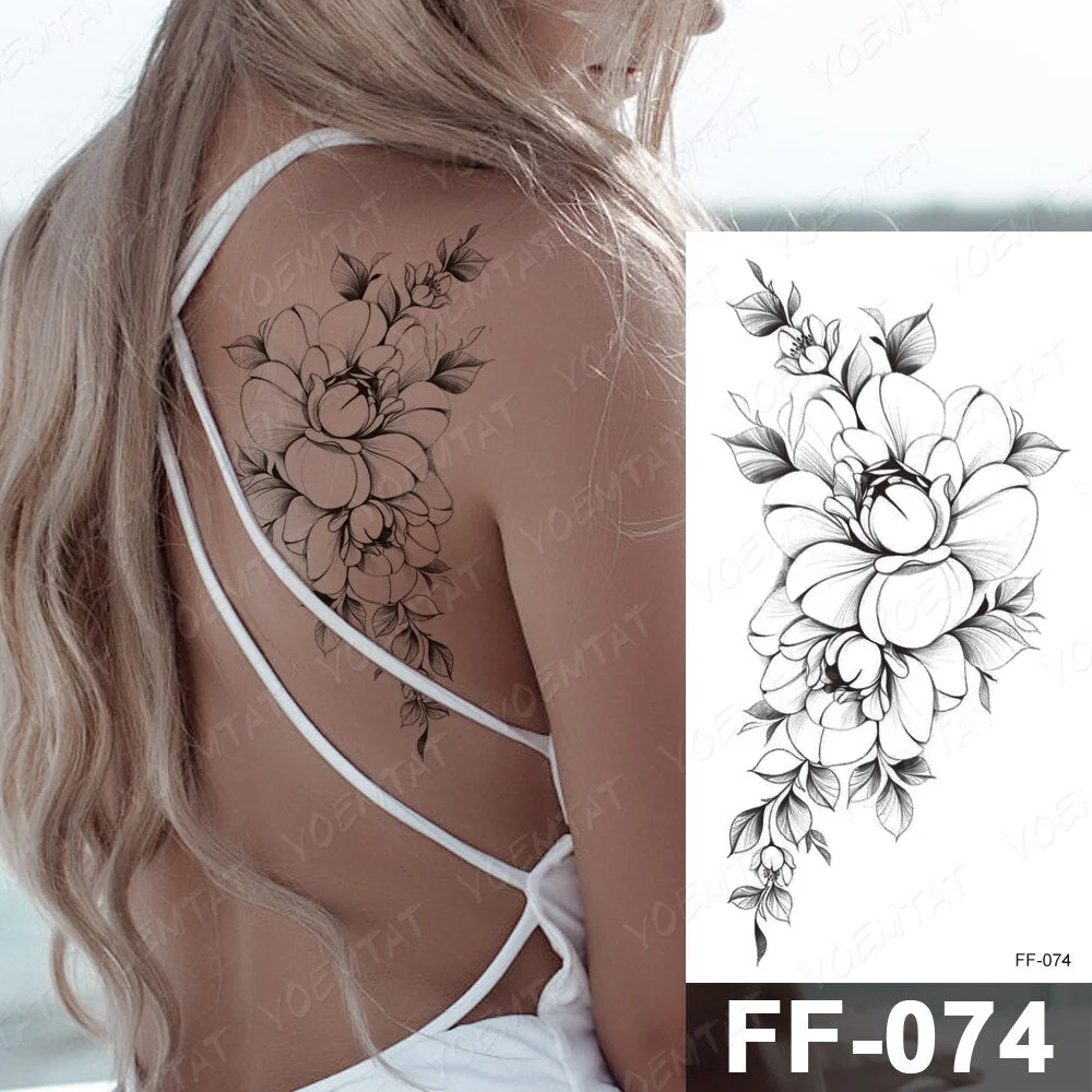 Waterproof Temporary Tattoo Stickers Peony Rose Flower Gun Flash Tattoos Female Black Sketch Body Art Arm Sexy Fake Tatto Male