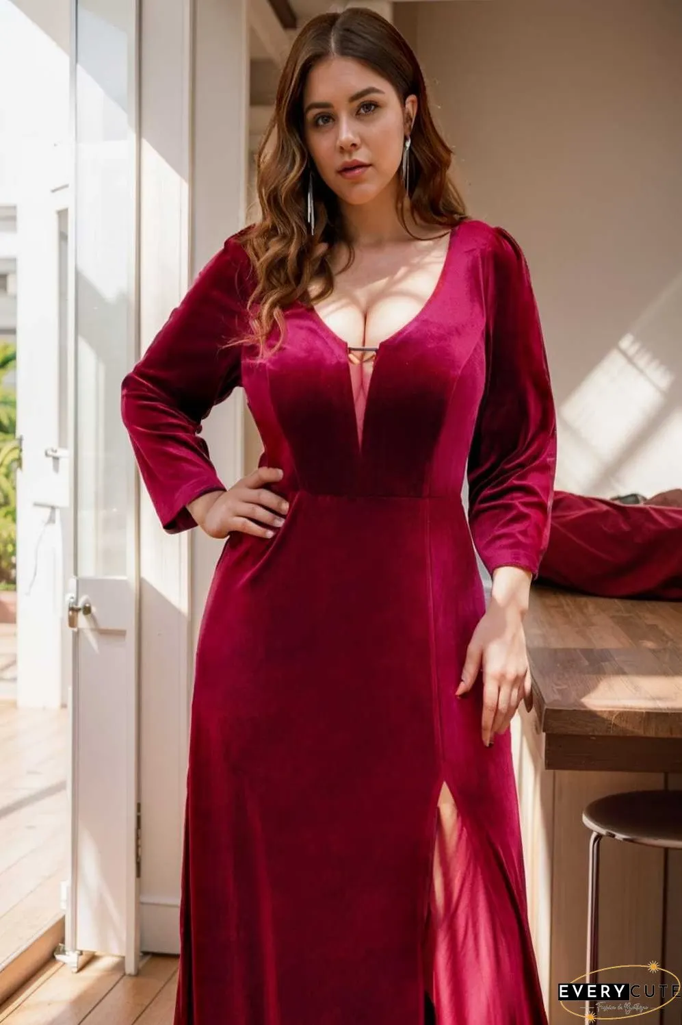 velvet 3 4 length sleeve illusion v neck front slit evening dress