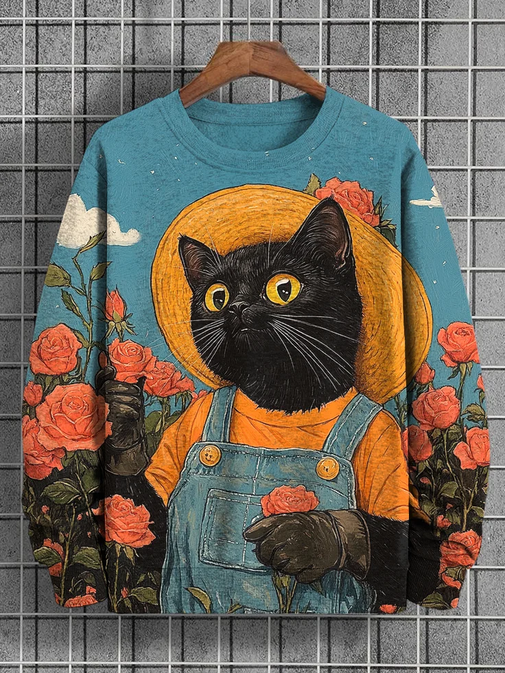 Men's Valentine's Day Black Cat In The Rose Garden Print Casual Sweatshirt