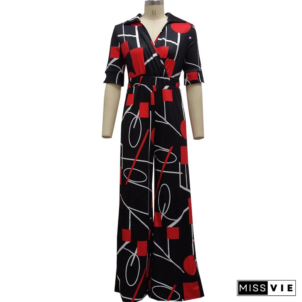 Digital Printed V-neck One Piece Jumpsuit