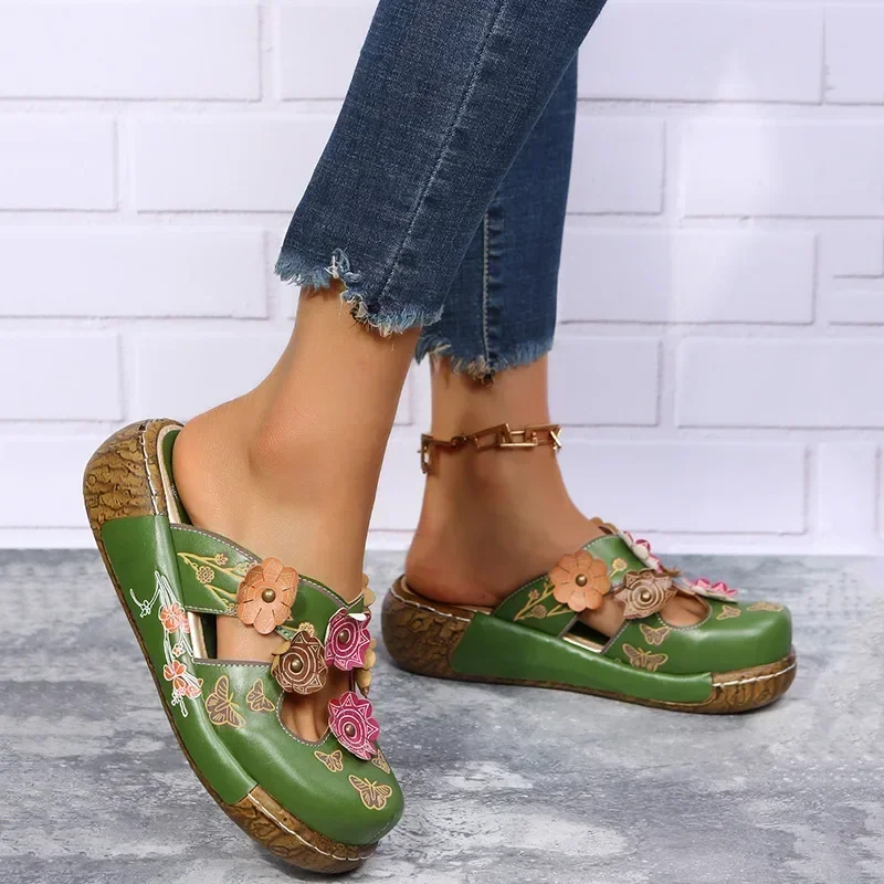 Women's Vintage Tribal Style Floral Slide Sandals Wedge Mule Shoes Clogs Slippers