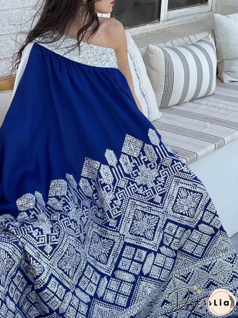 One Shoulder Blue&White Joint Dress