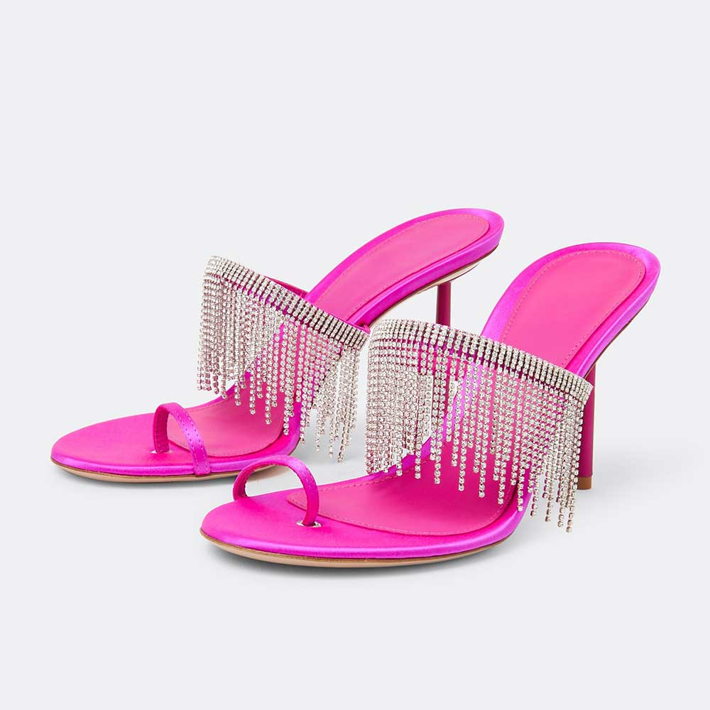 Pink Satin Round Toe 4'' Stiletto Heel Rhinestone Embellished Mules Nicepairs