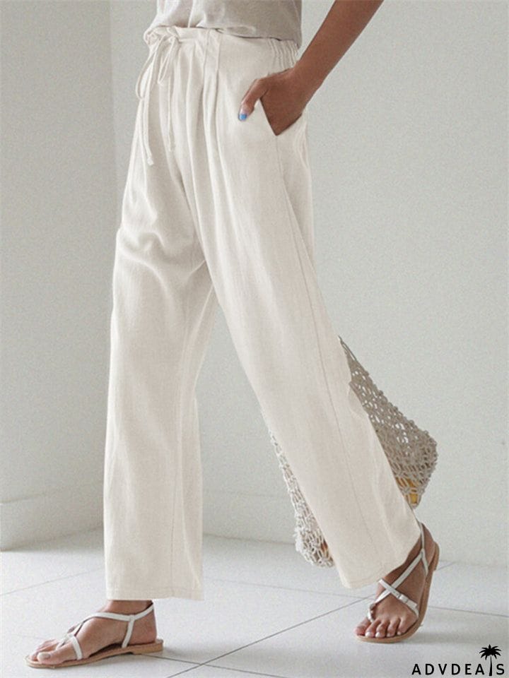 Women's Casual Solid Color Straight Leg Elastic Waist Wide Leg Pants