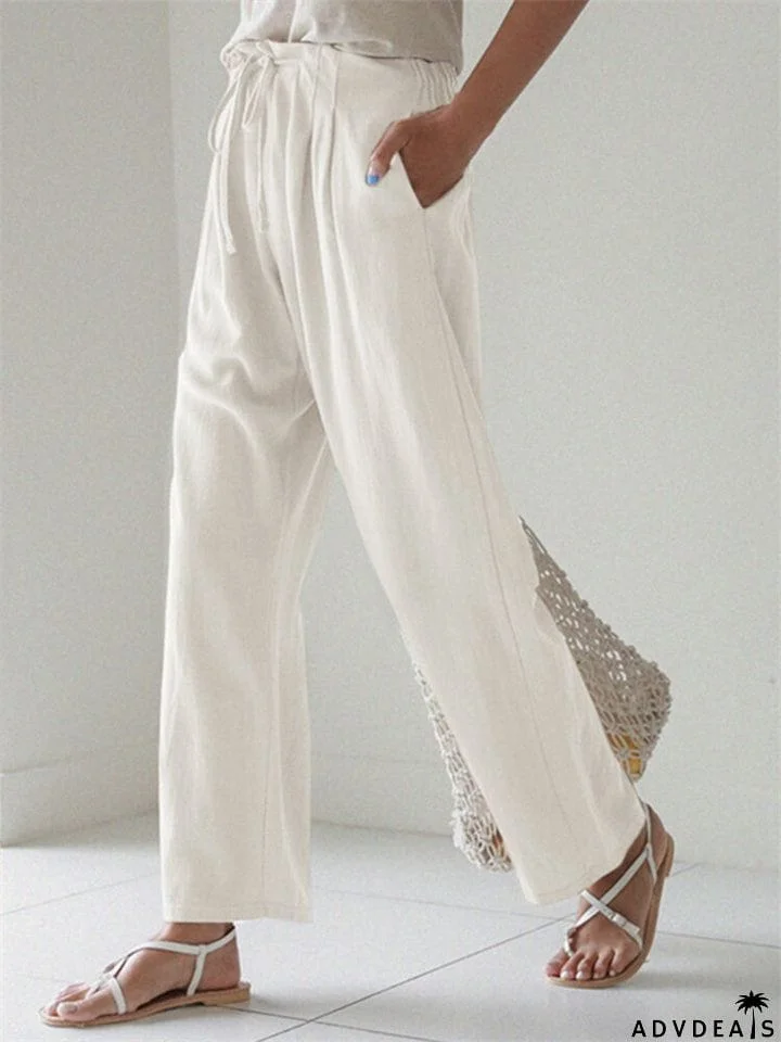 Women's Casual Solid Color Straight Leg Elastic Waist Wide Leg Pants