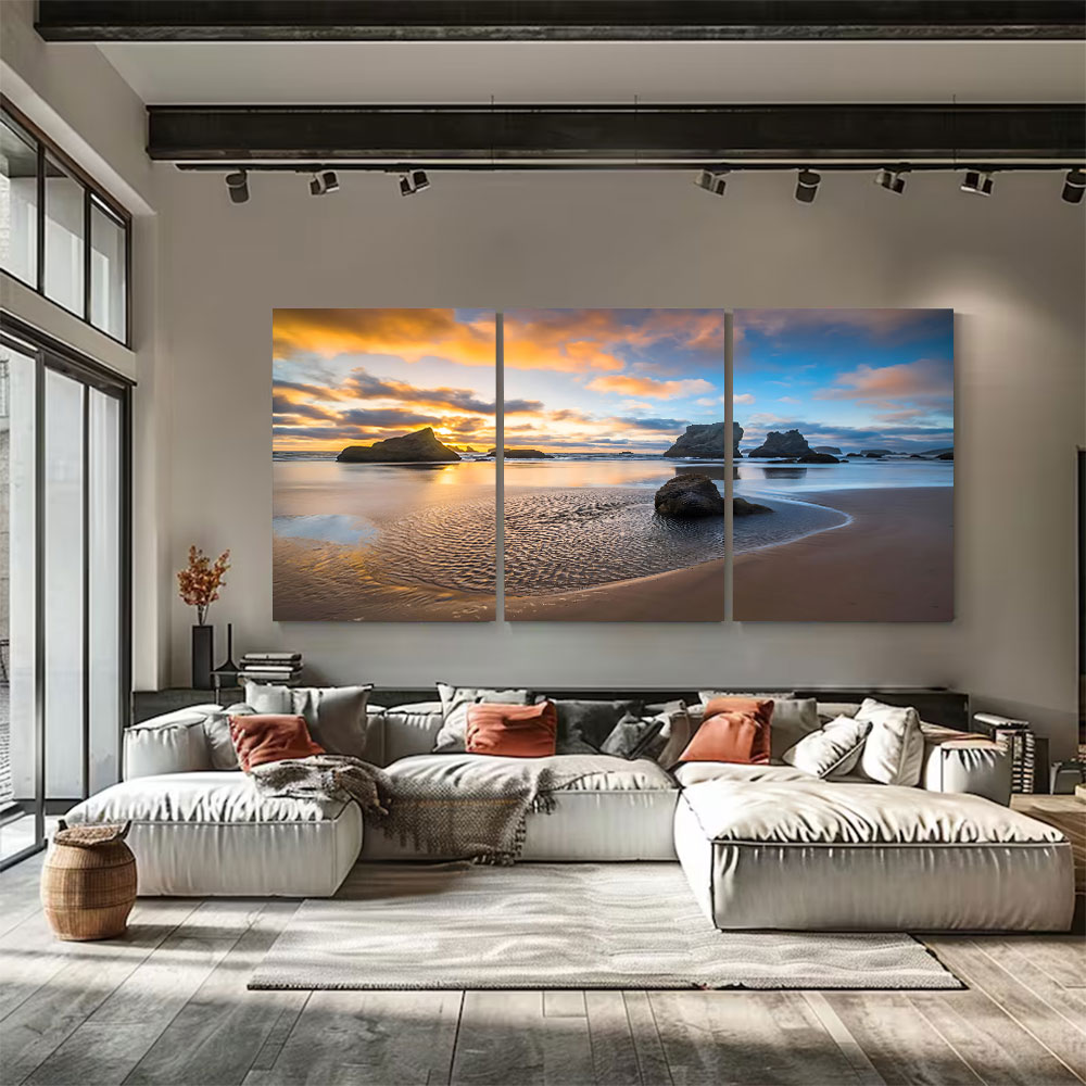 3-Piece Set Rocky Beach Rippled Sand Sunset Canvas Art