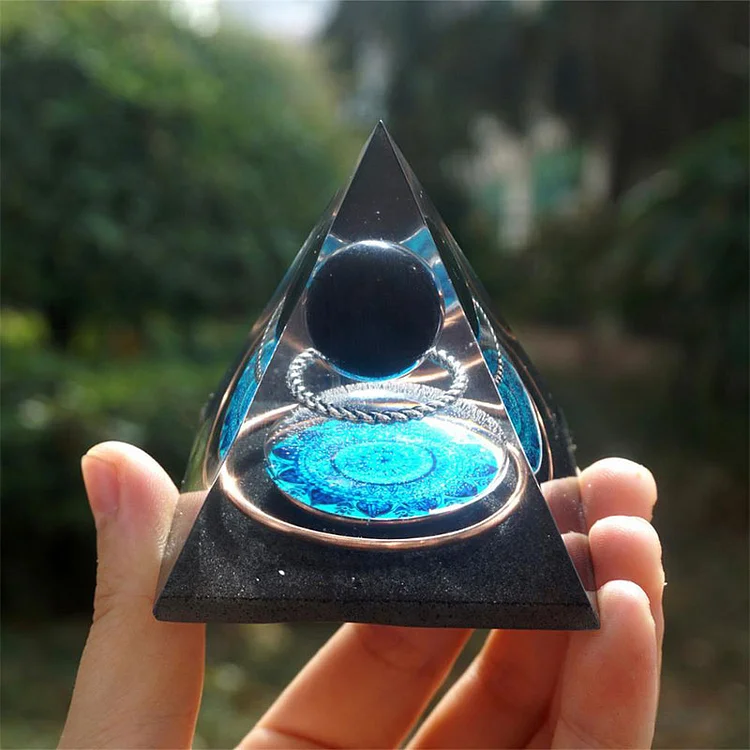 Olivenorma Obsidian Crystal Sphere With Copper Circle Orgone Pyramid