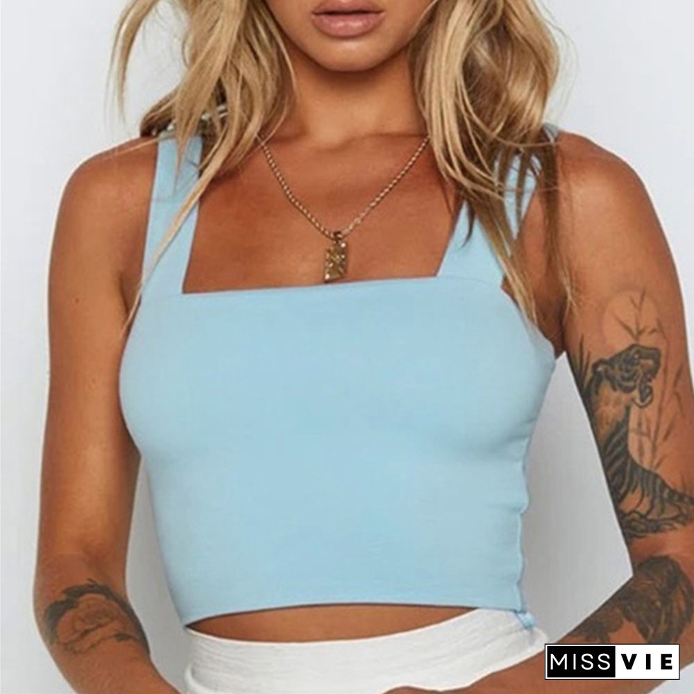 Women Short Tanks Tops Summer Beach Party Solid Color Fashion Backless Slash Neck Female Vest Crop Tops