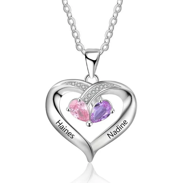 Heart Birthstone Necklace Personalized Love Necklace with 2 Stone Engraved with 2 Names