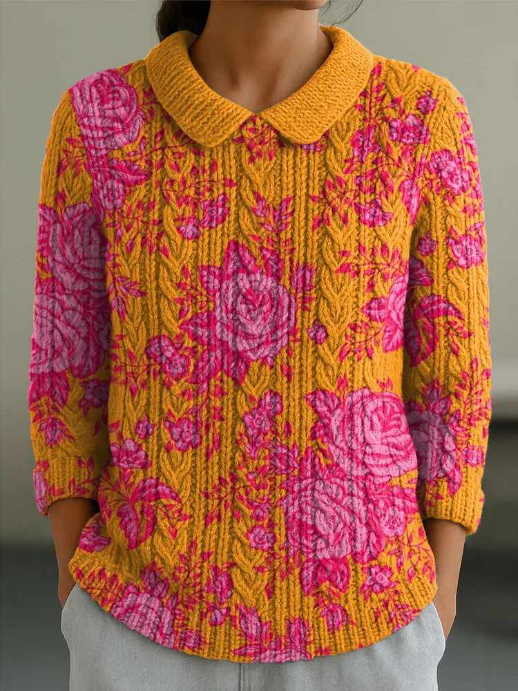 Women's Vintage Floral Flowers Art Print Casual Peter Pan Collar 3/4 Sleeve Sweater