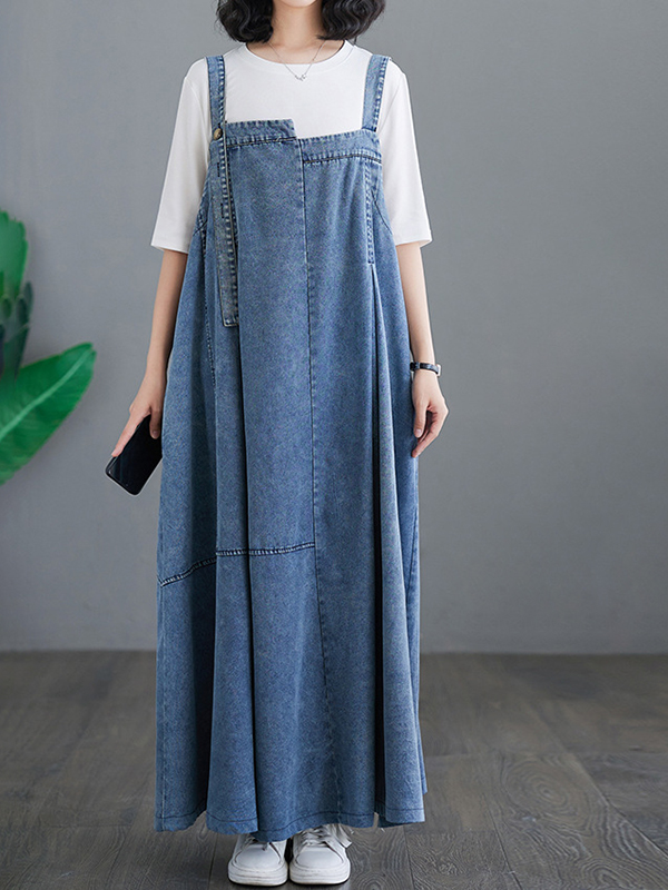 Vintage Loose Casual Denim Strap Maxi Dress