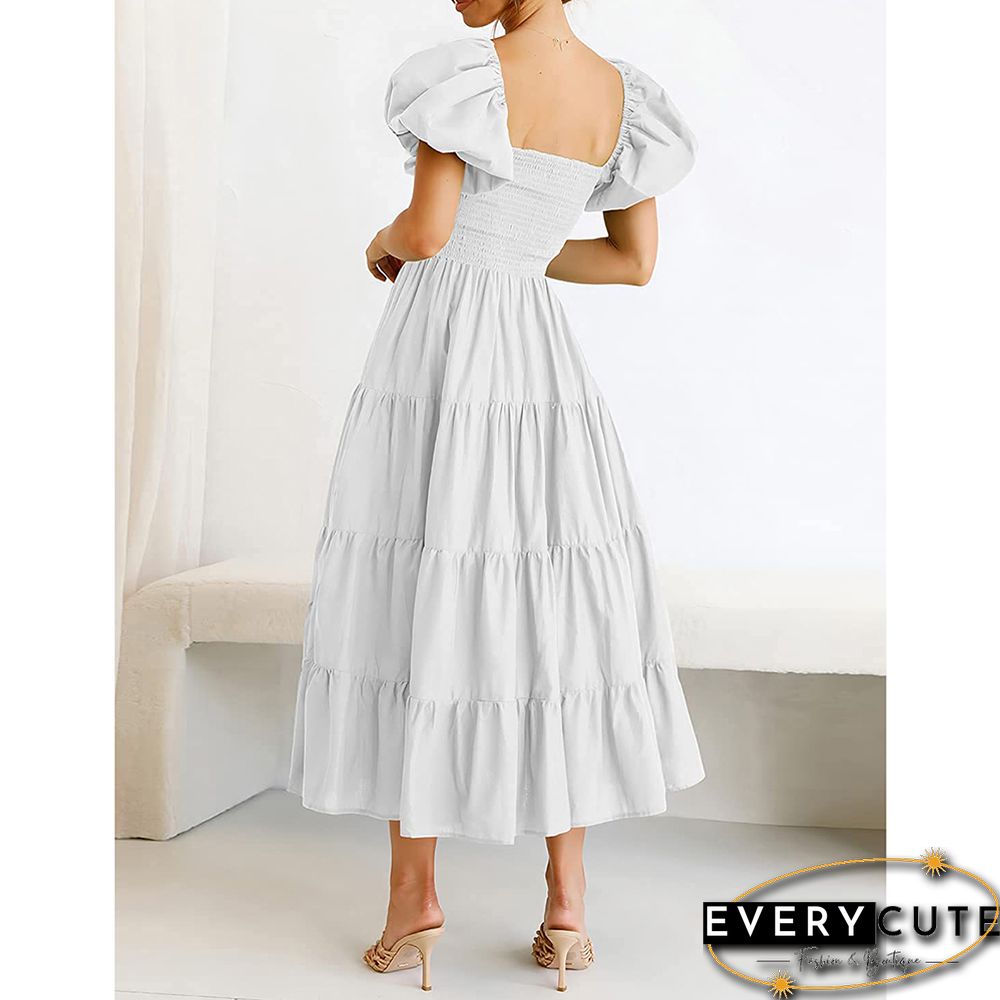 White Square Neck Puff Sleeve Pleated Casual Dress