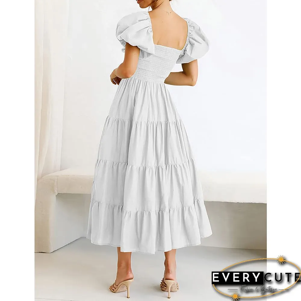 White Square Neck Puff Sleeve Pleated Casual Dress