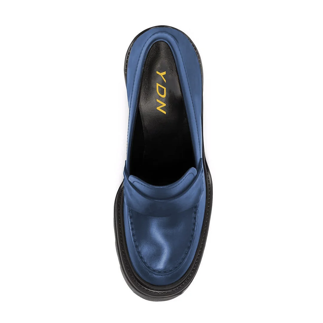 Women's Formal Blue Vegan Leather Round Toe Block Heel Loafers