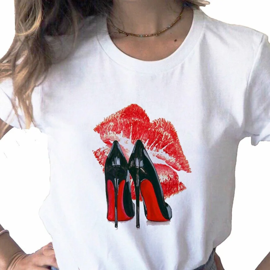 Red Lip Print Women T Shirt Aesthetic  Ulzzang T-shirt Female Tee Shirt Clothes 90s Summer Graphic Top