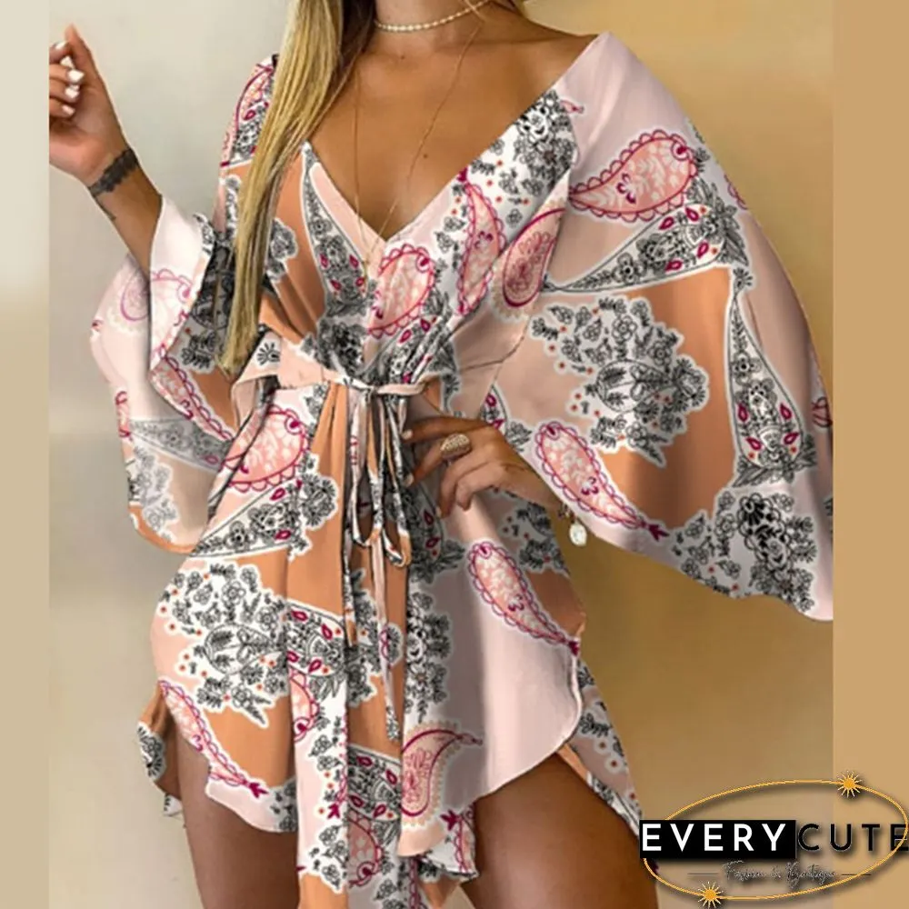 Casual Leaf Leopard Print Harajuku Batwing Sleeve Dress Lady Elegant Lace-Up Irregular