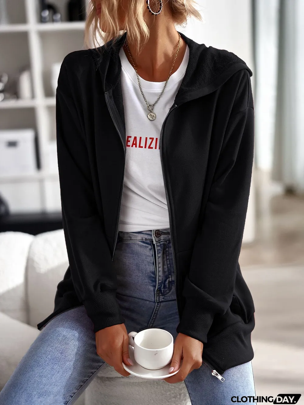 Fall Women Solid Color Zip Long Sleeve Casual Hoodies Coat