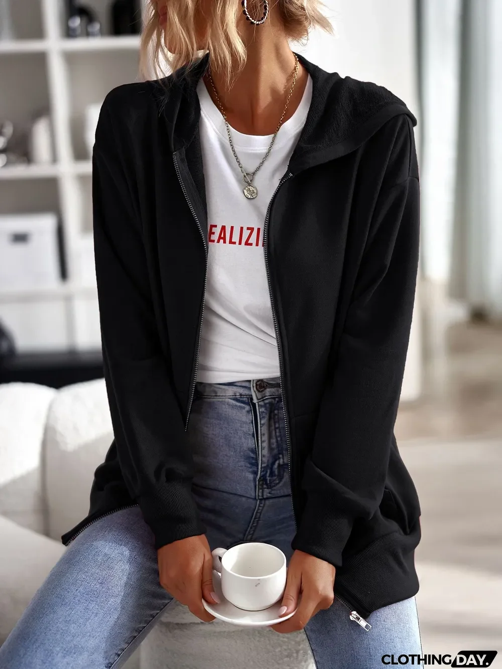 Fall Women Solid Color Zip Long Sleeve Casual Hoodies Coat