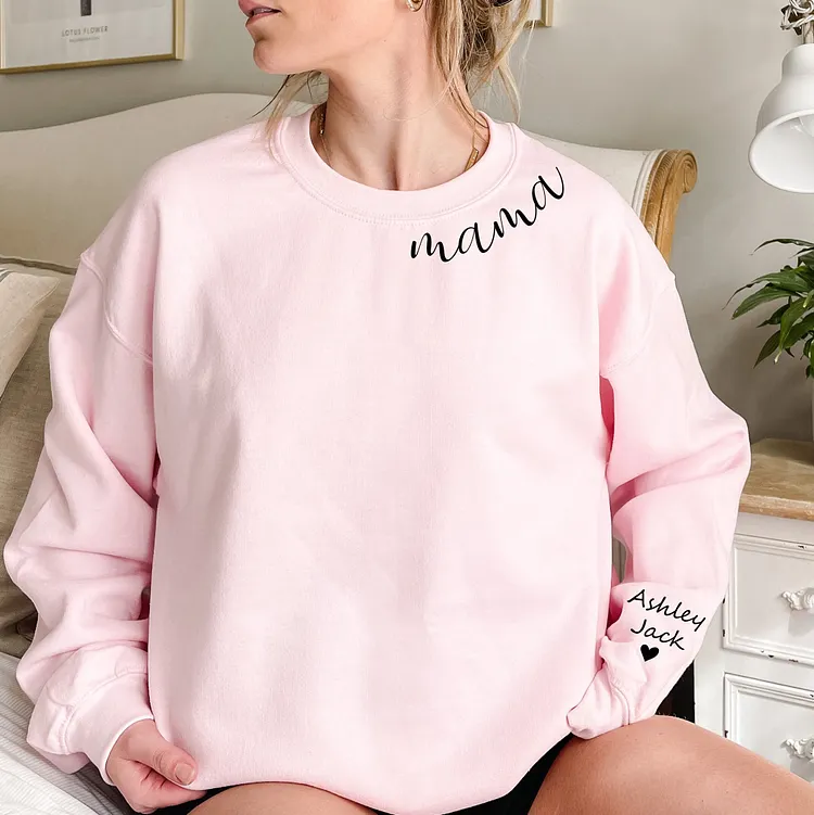 Mama Sweatshirt with Kids Names Sleeve,Gift for Mom