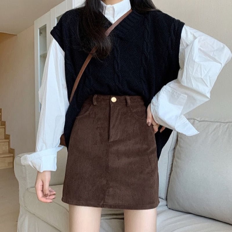 HOUZHOU Korean Fashion Brown Mini Skirts Women Vintage Casaul Cute High Waist Slim A-line Corduroy Short Skirt for Girls Preppy