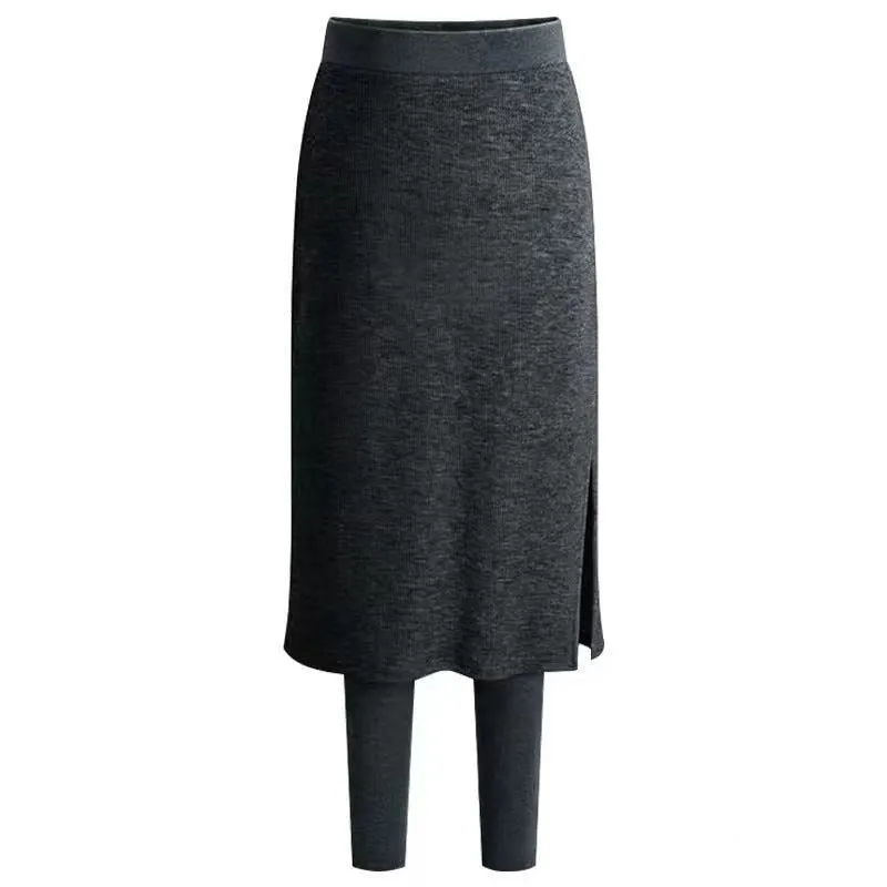 CHRLEISURE Women Sexy Two Pieces Skirt Leggings Slim Fit Elastic Winter Warm Fleece Long Skirt Leggings Solid Color
