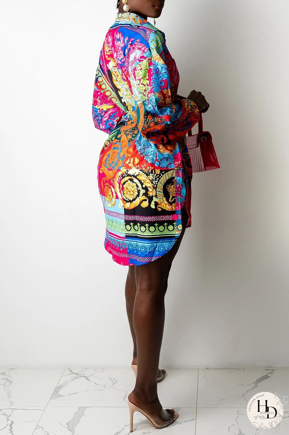 Colour Casual Print Split Joint Buckle With Belt Turndown Collar Shirt Dress Dresses