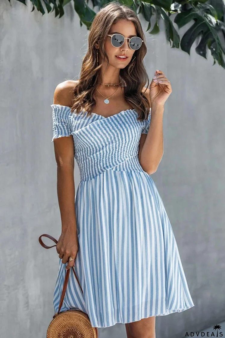 Breezy Off Shoulder Striped Printed Smocked Summer Mini Sundress - Blue